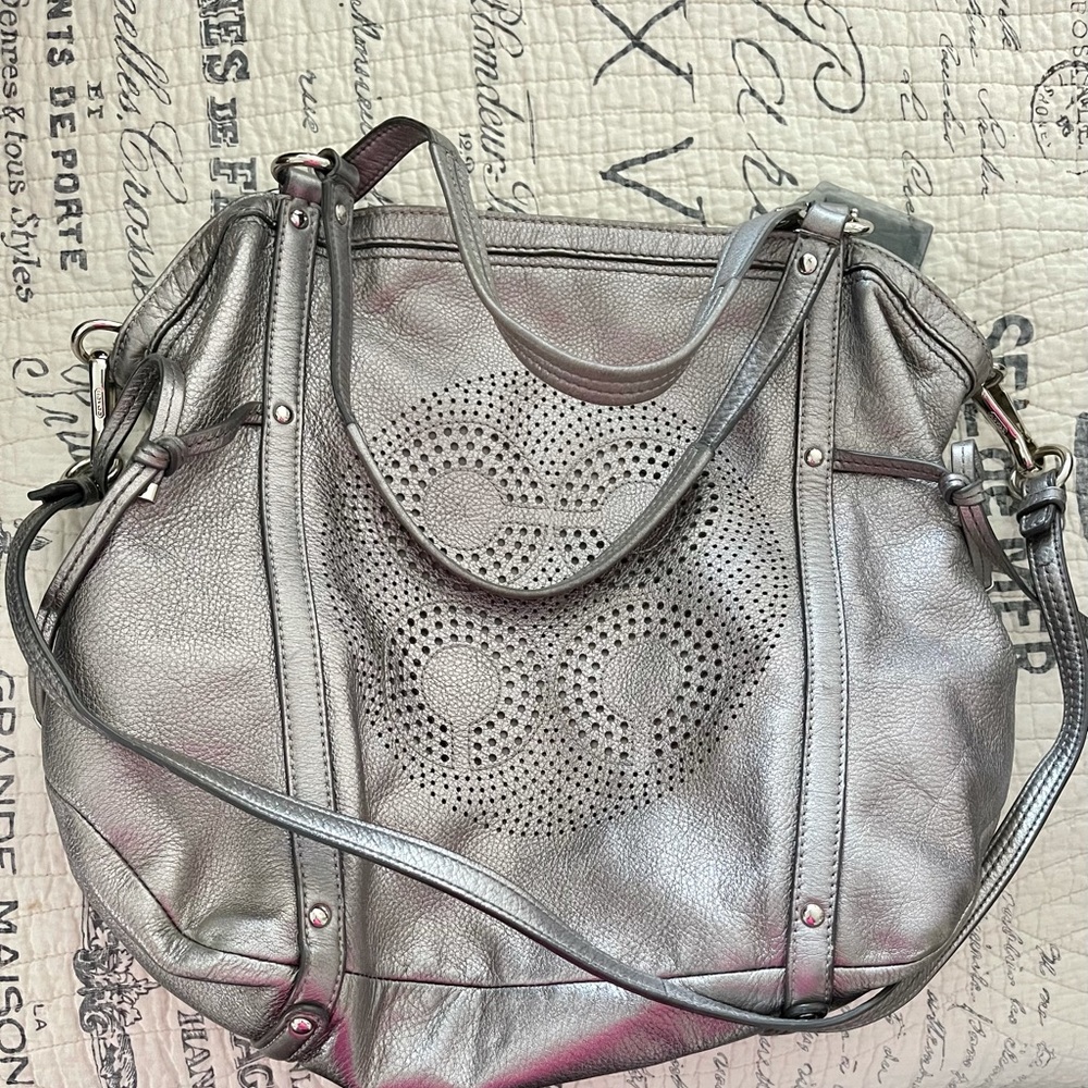 Silver Leather Coach Tote Bag
